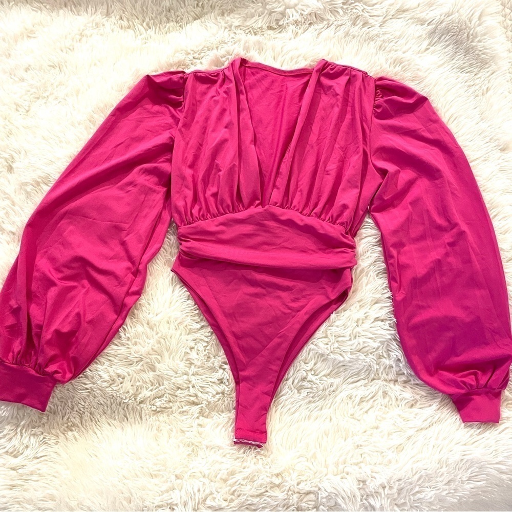 Hot Pink Bodysuit Puff Sleeve Deep V-Neck Small